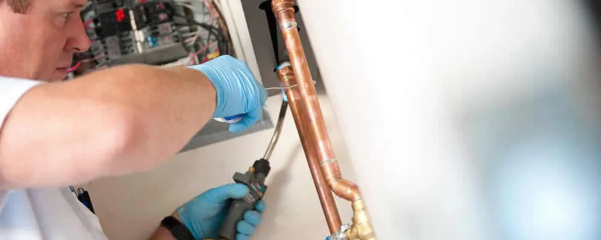 Water heater repair technician testing copper pipe connections and controls in Fort Lauderdale, FL